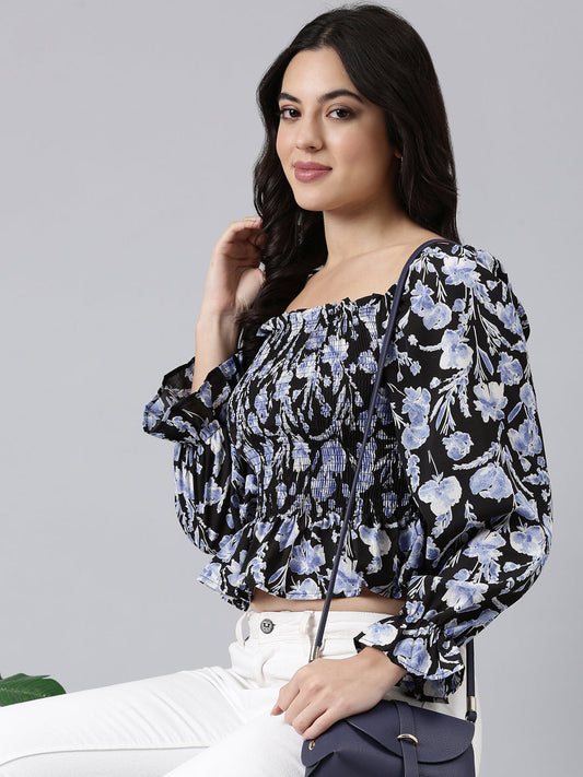 Women's Black Floral Printed Square Neck Puff Sleeves Fitted Crop Top