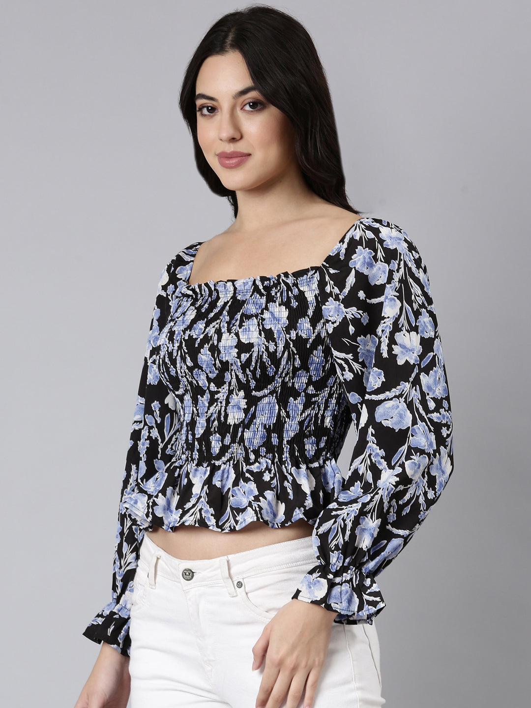 Women's Black Floral Printed Square Neck Puff Sleeves Fitted Crop Top