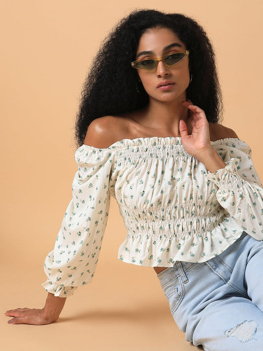 Women's Cream Off-Shoulder Synthetic Crepe Top