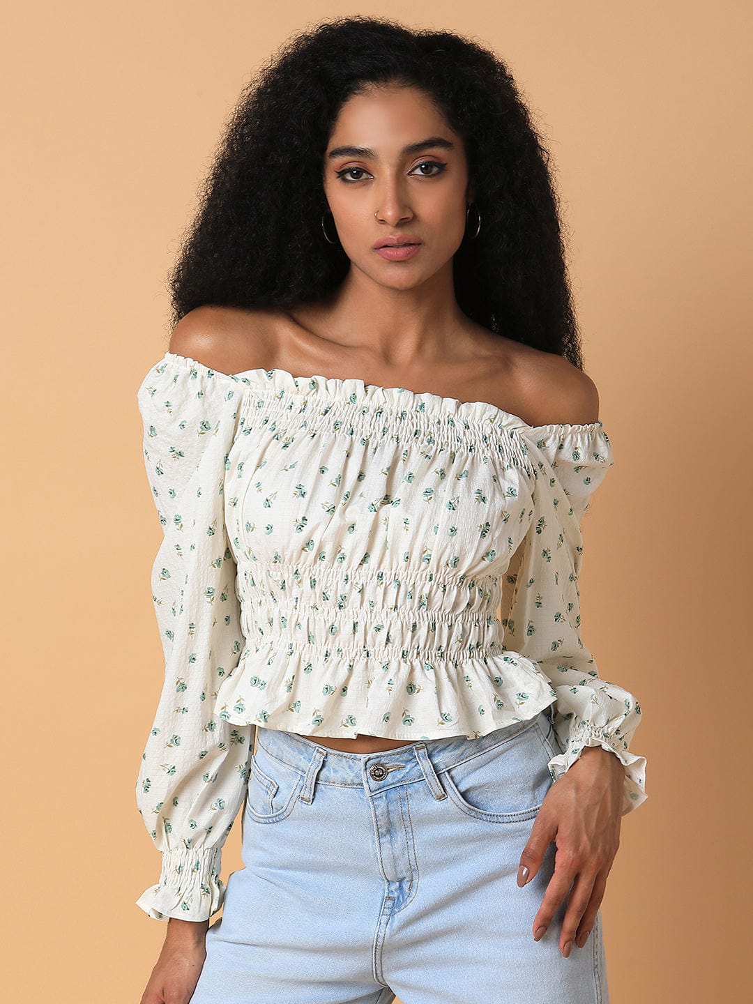 Women's Cream Off-Shoulder Synthetic Crepe Top