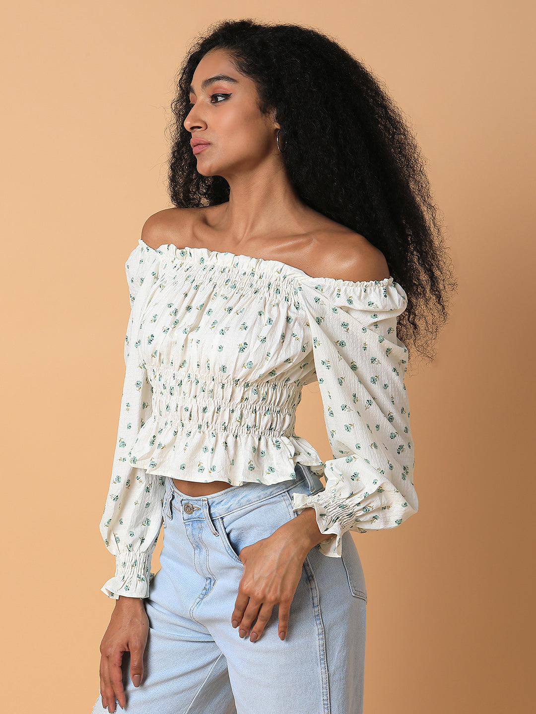 Women's Cream Off-Shoulder Synthetic Crepe Top