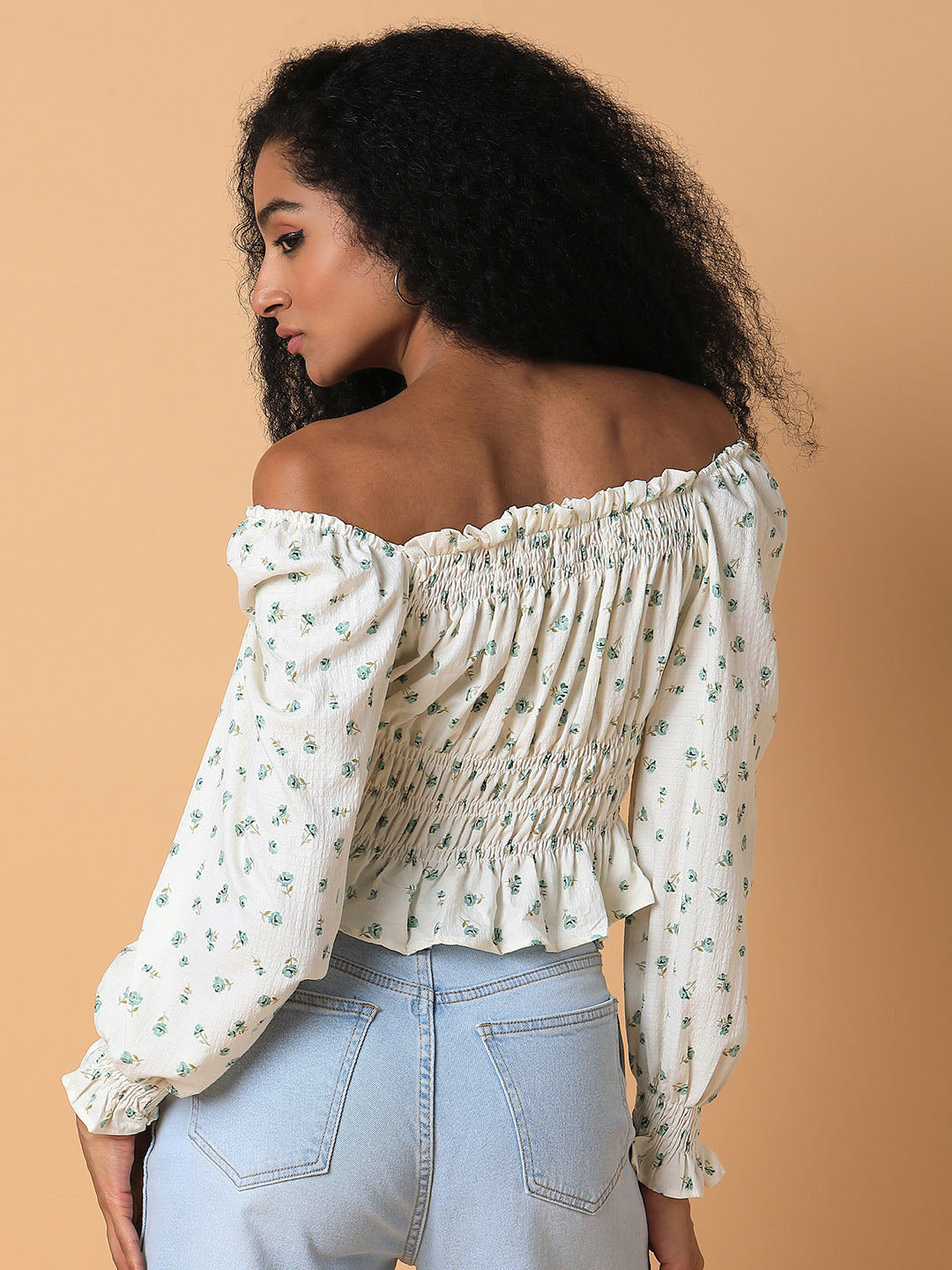 Women's Cream Off-Shoulder Synthetic Crepe Top