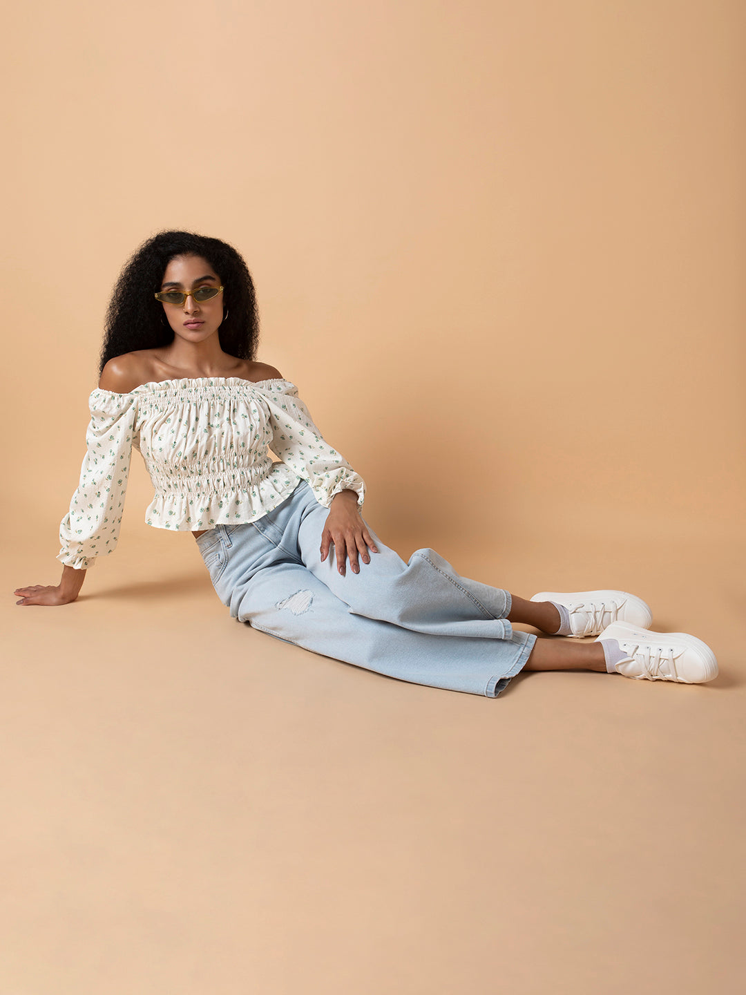 Women's Cream Off-Shoulder Synthetic Crepe Top