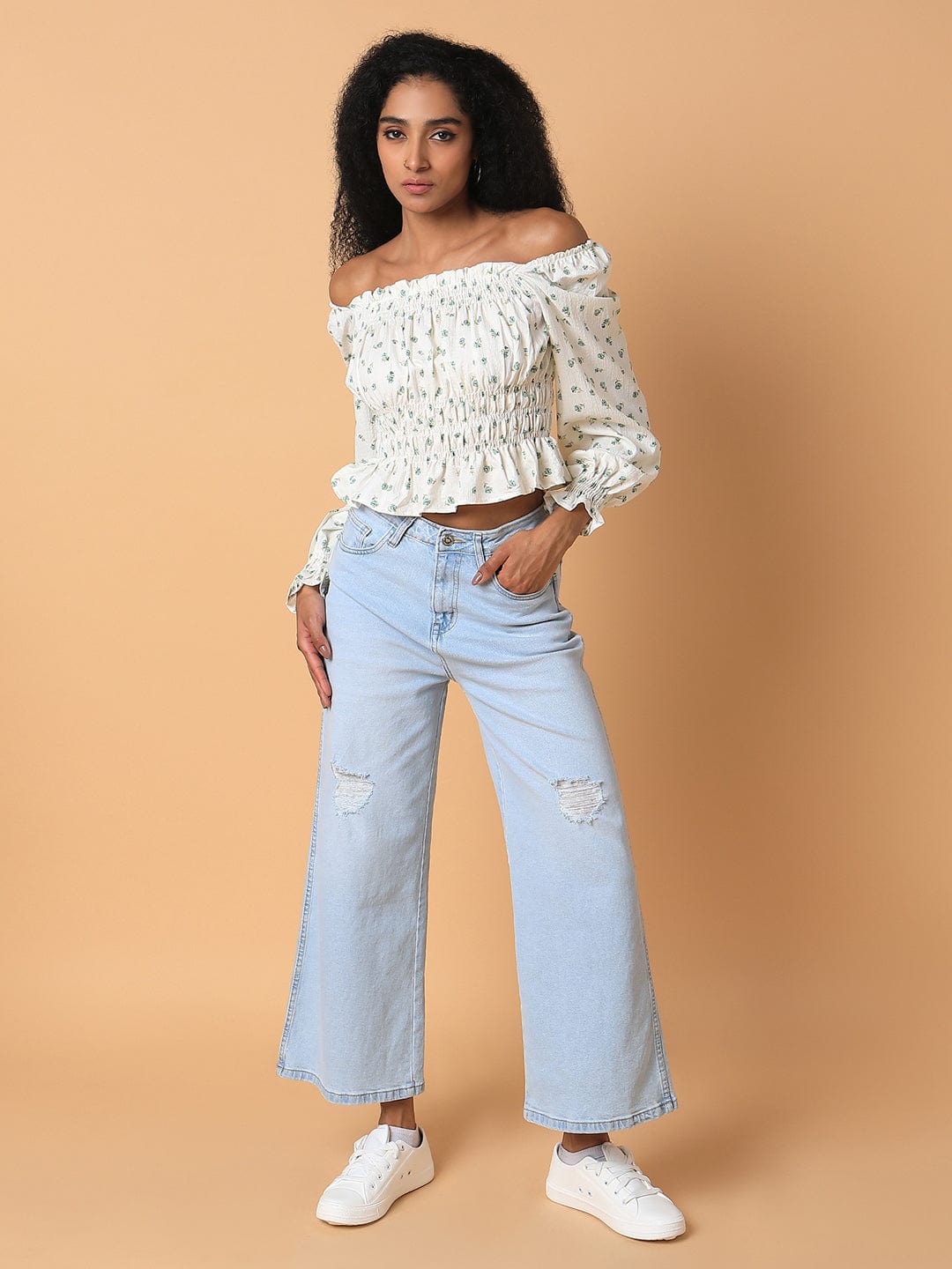 Women's Cream Off-Shoulder Synthetic Crepe Top