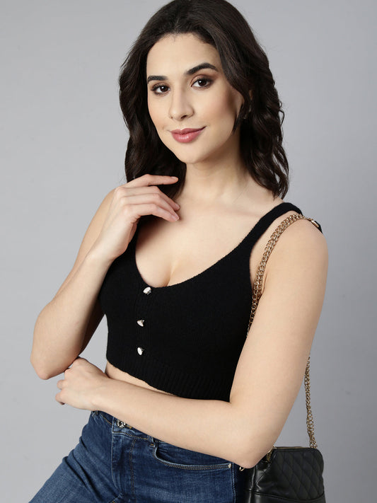 Women's Black Shoulder Straps Bralette Acrylic Crop Top