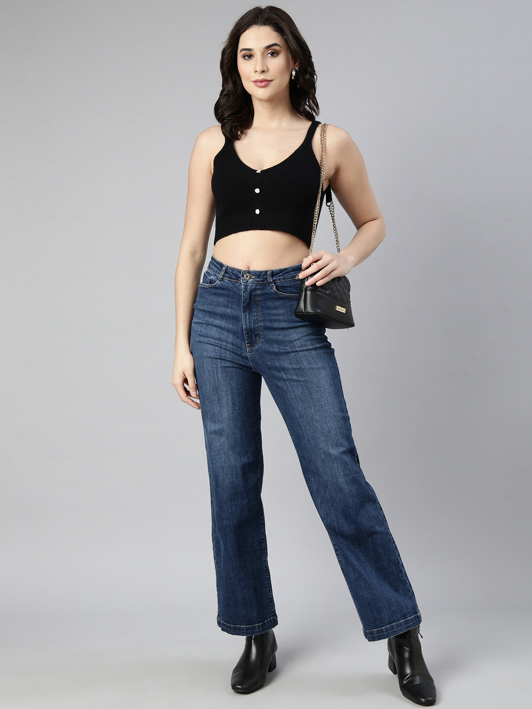 Women's Black Shoulder Straps Bralette Acrylic Crop Top