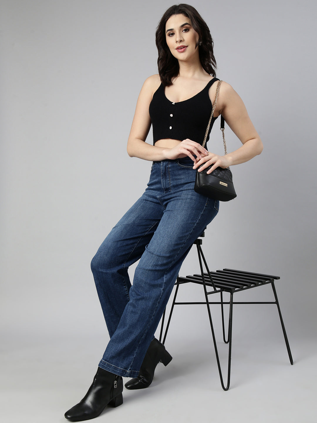 Women's Black Shoulder Straps Bralette Acrylic Crop Top
