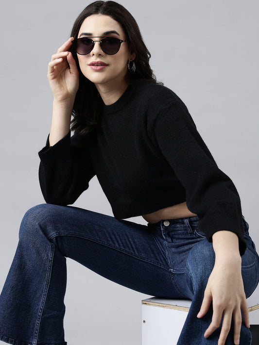 Women's Black Puff Sleeves Crop Acrylic Top