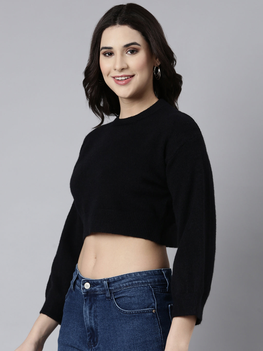 Women's Black Puff Sleeves Crop Acrylic Top