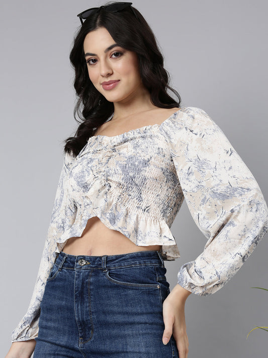 Women's Cream Printed Sweetheart Neck Puff Sleeves Crop Fitted Top