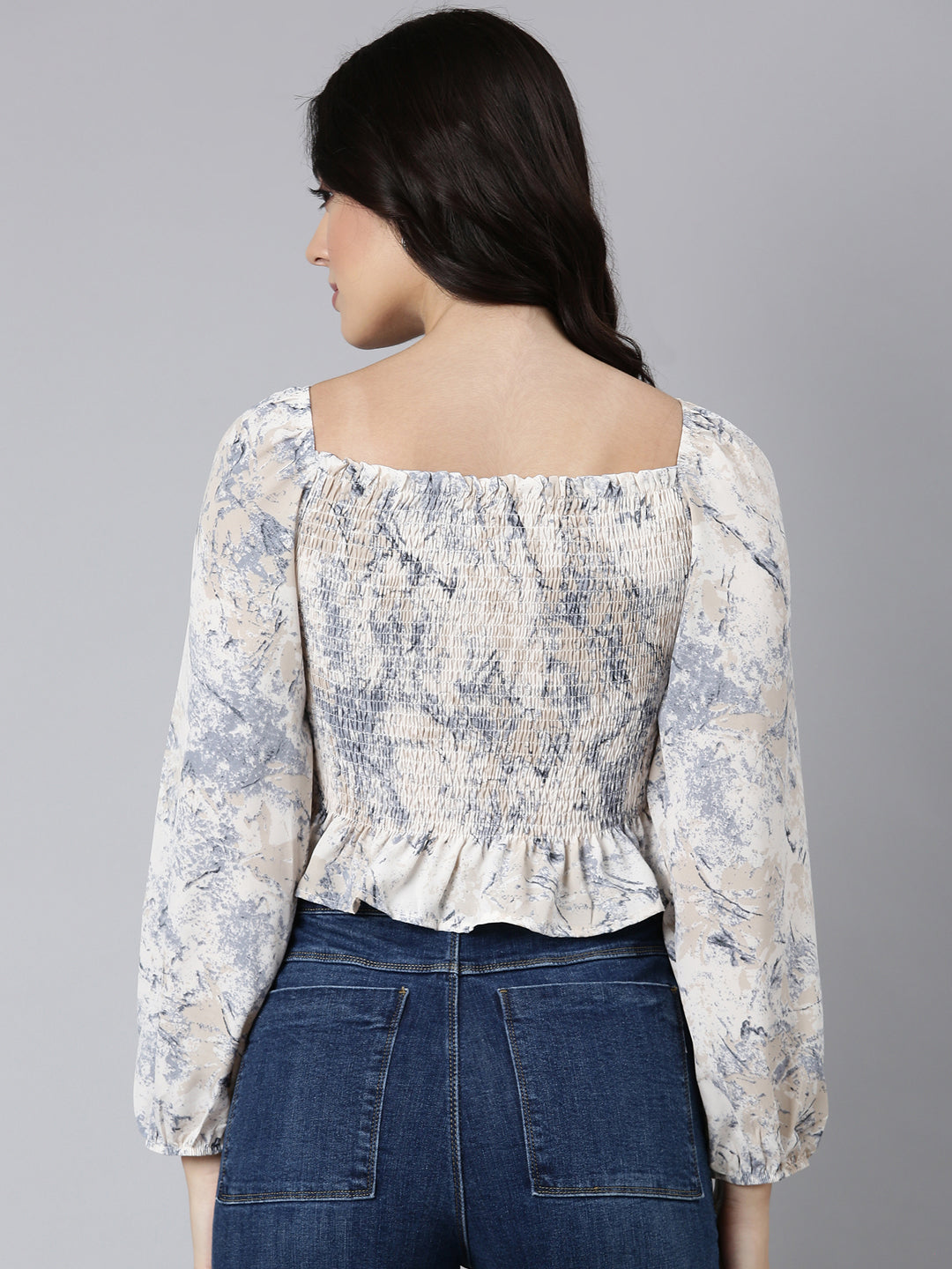 Women's Cream Printed Sweetheart Neck Puff Sleeves Crop Fitted Top