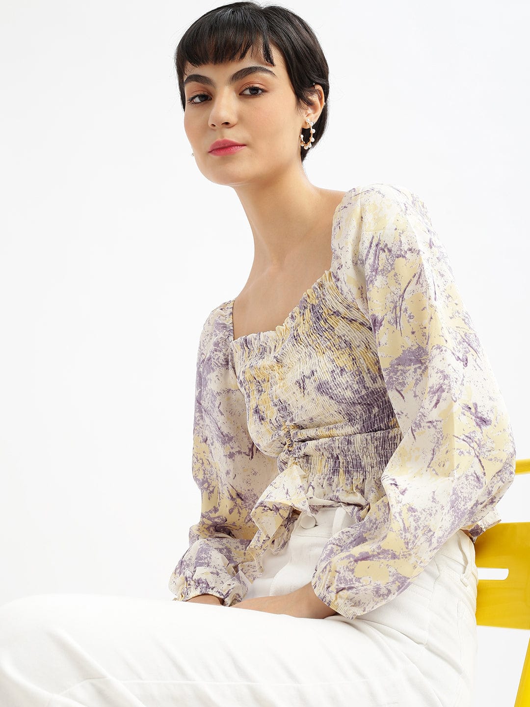 Women's Abstract Lavender Fitted Ruched Crop Top