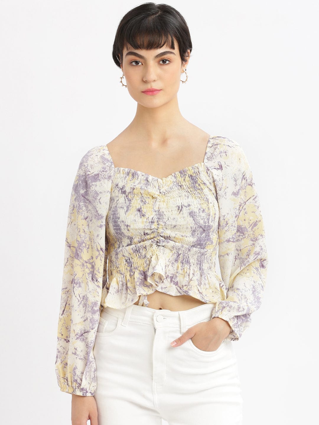 Women's Abstract Lavender Fitted Ruched Crop Top