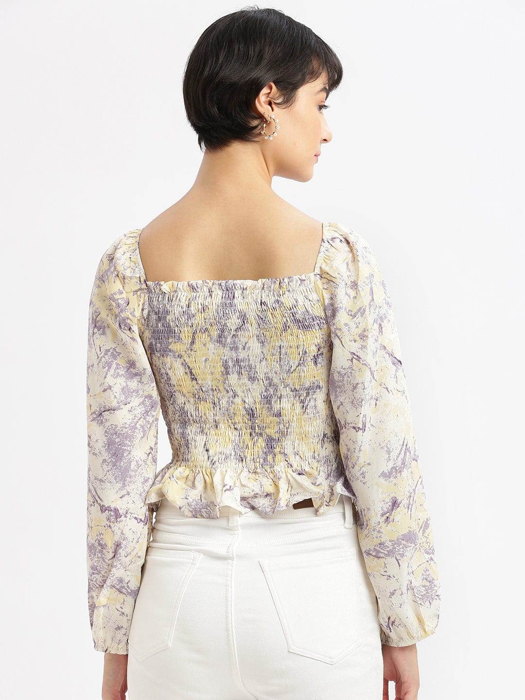 Women's Abstract Lavender Fitted Ruched Crop Top