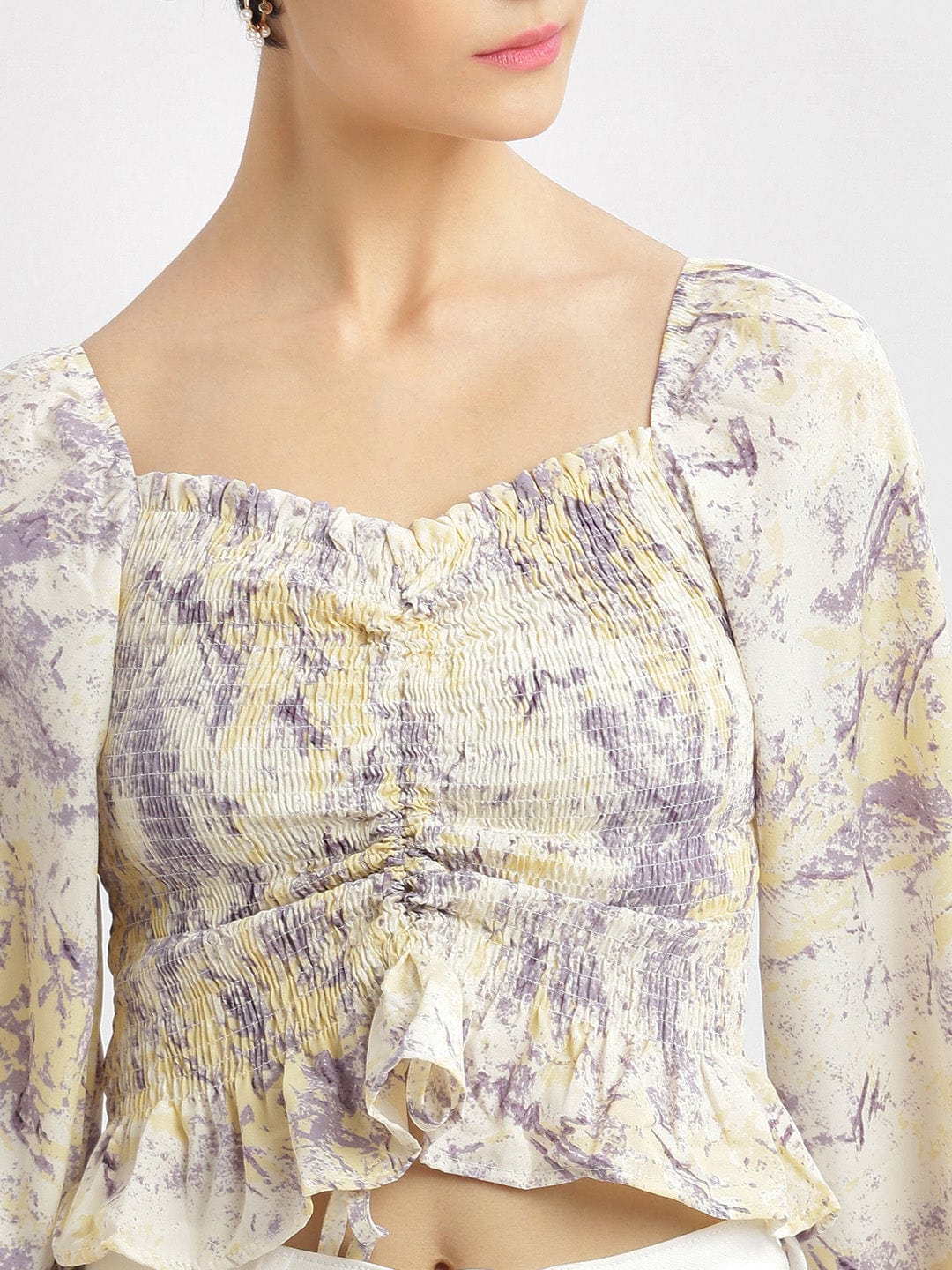Women's Abstract Lavender Fitted Ruched Crop Top