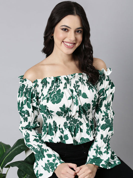 Women's Green Floral Printed Off-Shoulder Bell Sleeve Smocked Crepe Bardot Crop Top