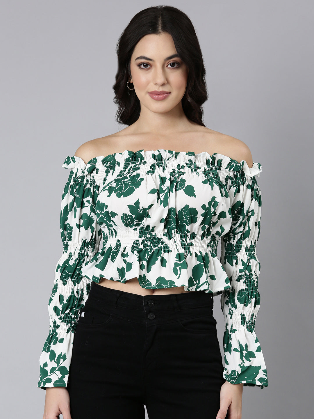 Women's Green Floral Printed Off-Shoulder Bell Sleeve Smocked Crepe Bardot Crop Top