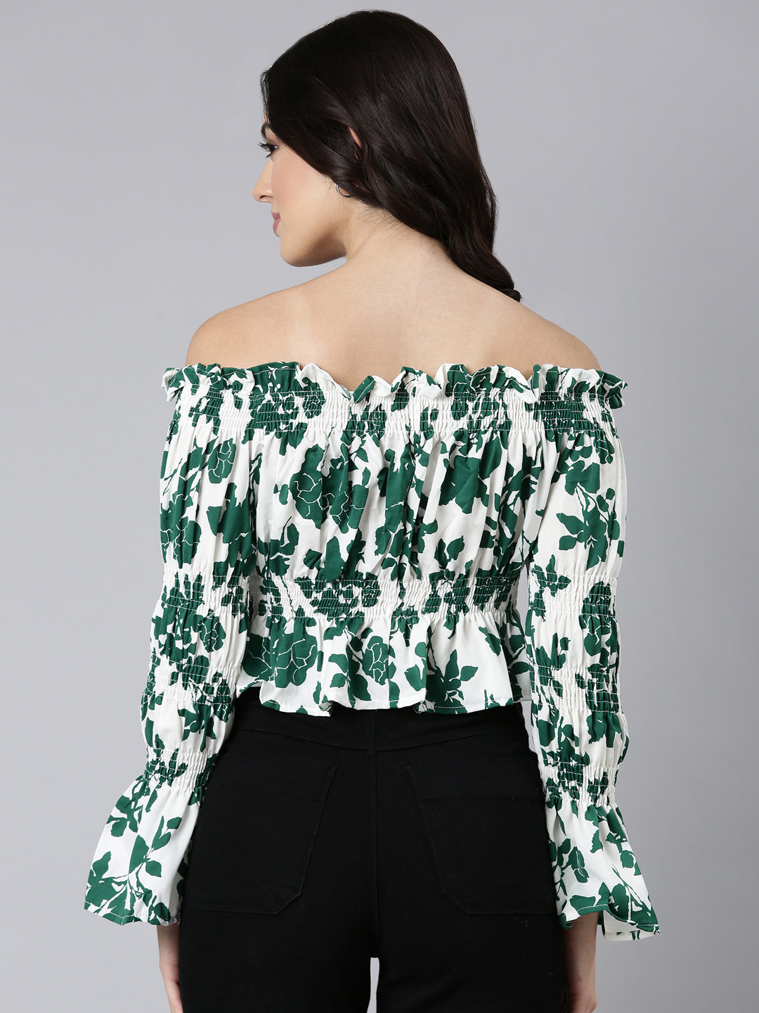Women's Green Floral Printed Off-Shoulder Bell Sleeve Smocked Crepe Bardot Crop Top