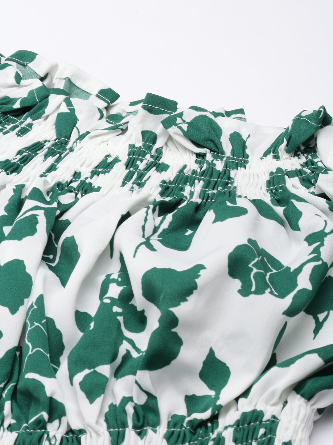 Women's Green Floral Printed Off-Shoulder Bell Sleeve Smocked Crepe Bardot Crop Top