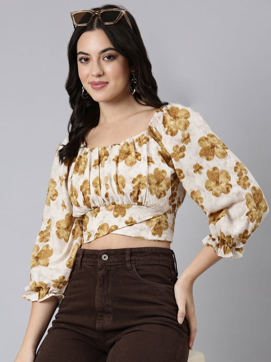 Women's Beige Floral Printed Square Neck Puff Sleeves Crop Top