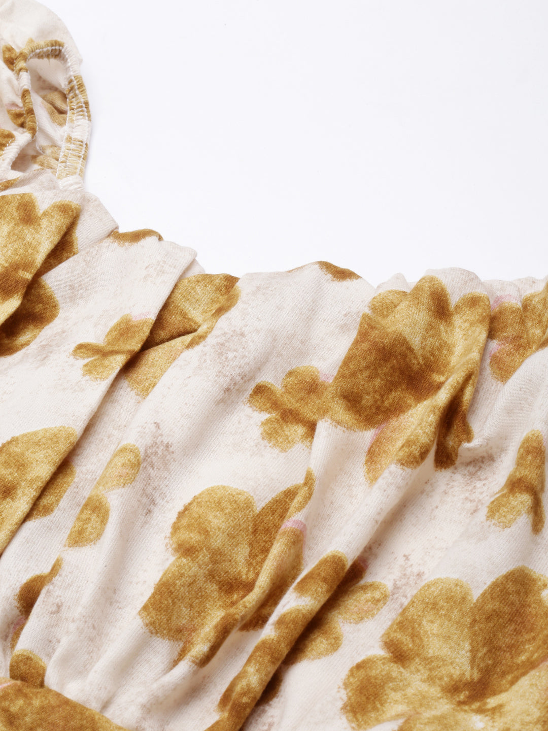 Women's Beige Floral Printed Square Neck Puff Sleeves Crop Top