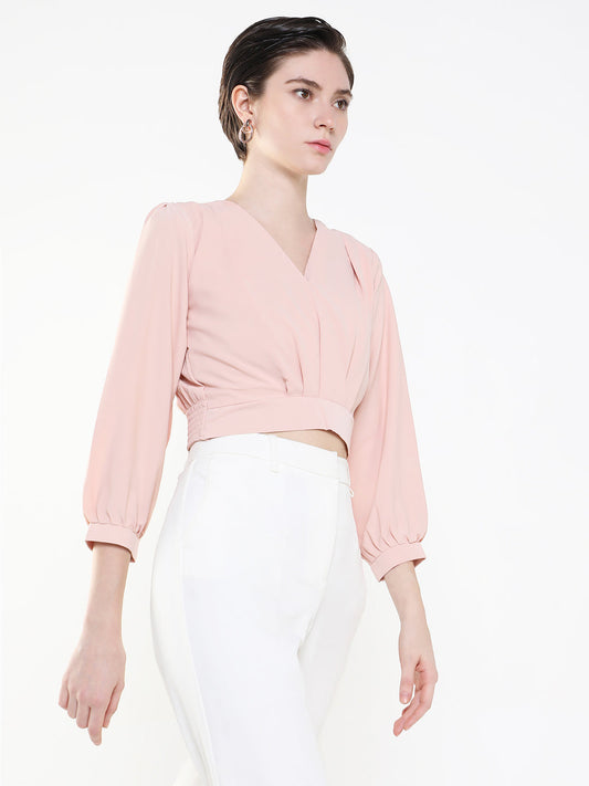 Women's Peach Puff Sleeve Crepe Cinched Waist Crop Top