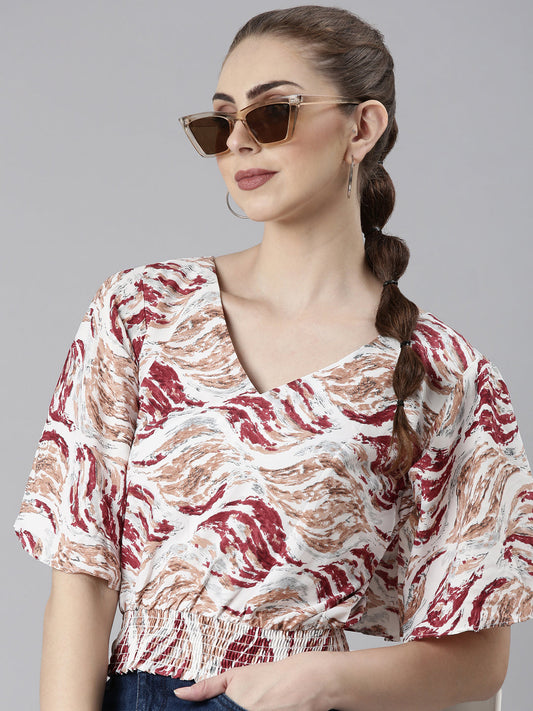 Women's Maroon Abstract Printed Flared Sleeve Blouson Crop Top