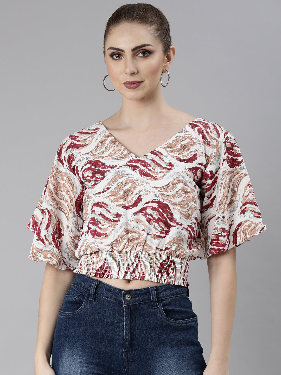 Women's Maroon Abstract Printed Flared Sleeve Blouson Crop Top