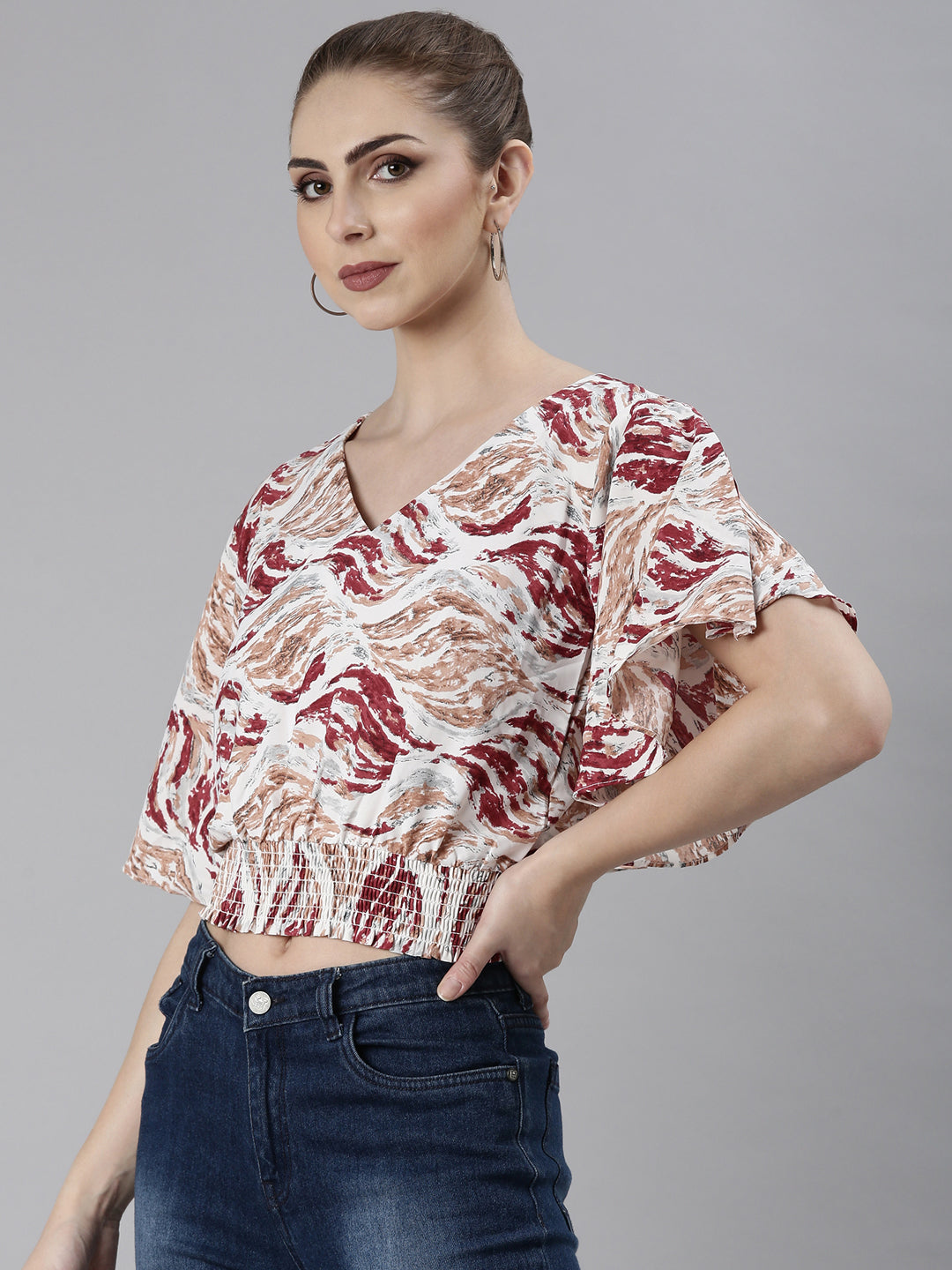 Women's Maroon Abstract Printed Flared Sleeve Blouson Crop Top