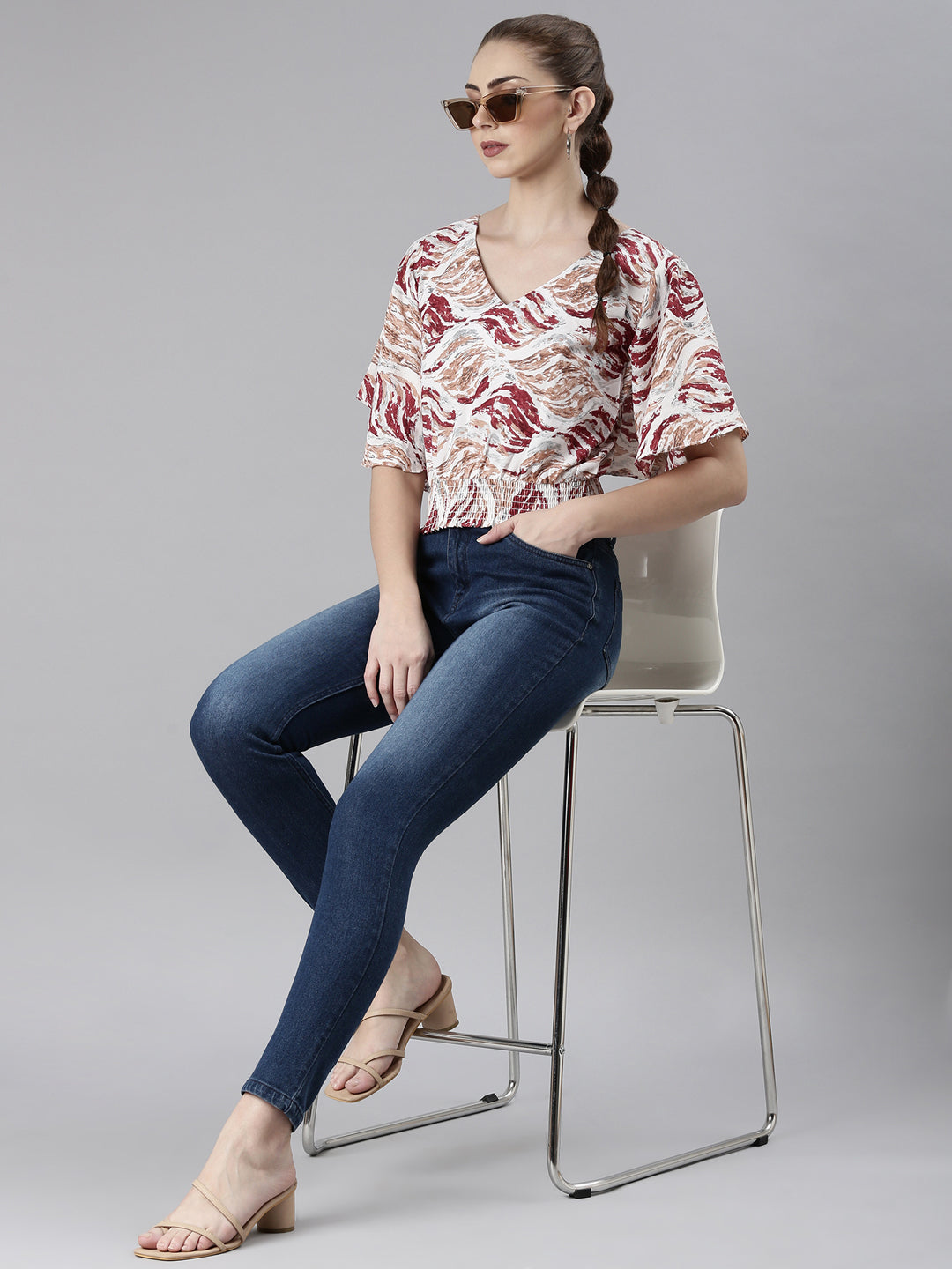 Women's Maroon Abstract Printed Flared Sleeve Blouson Crop Top