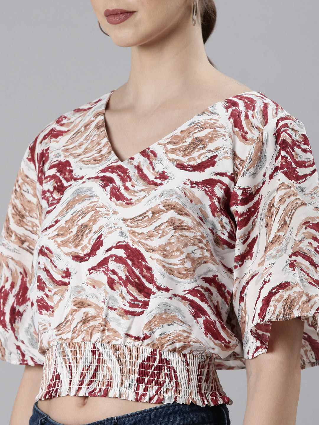 Women's Maroon Abstract Printed Flared Sleeve Blouson Crop Top