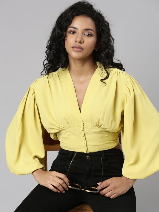 Women's Yellow V-Neck Puff Sleeve Blouson Crop Top