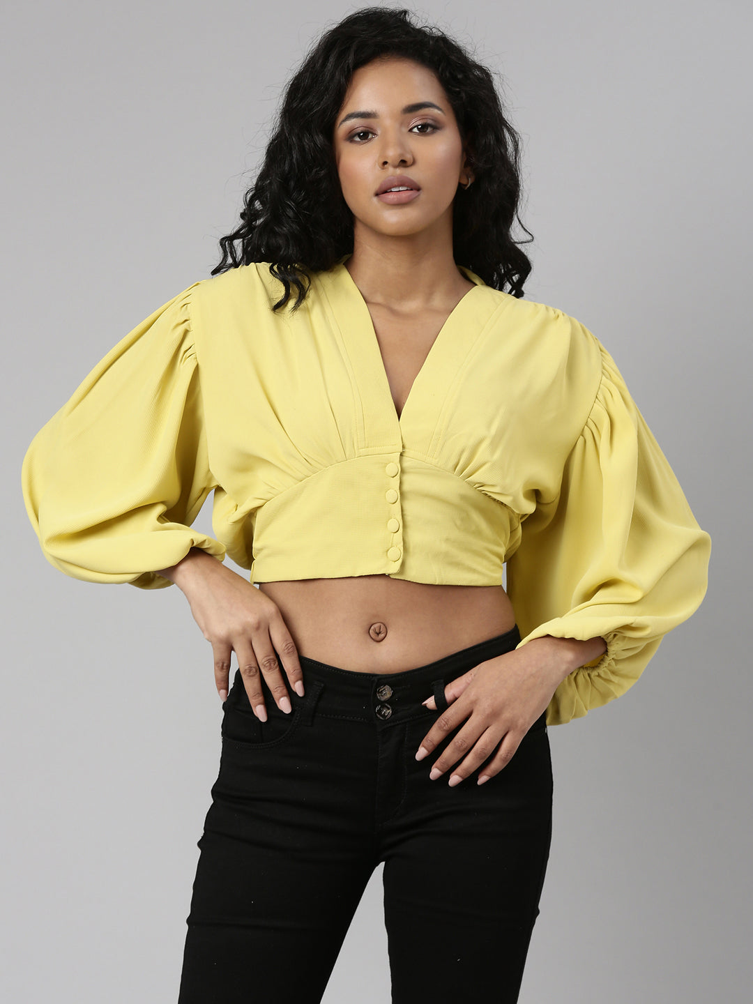 Women's Yellow V-Neck Puff Sleeve Blouson Crop Top