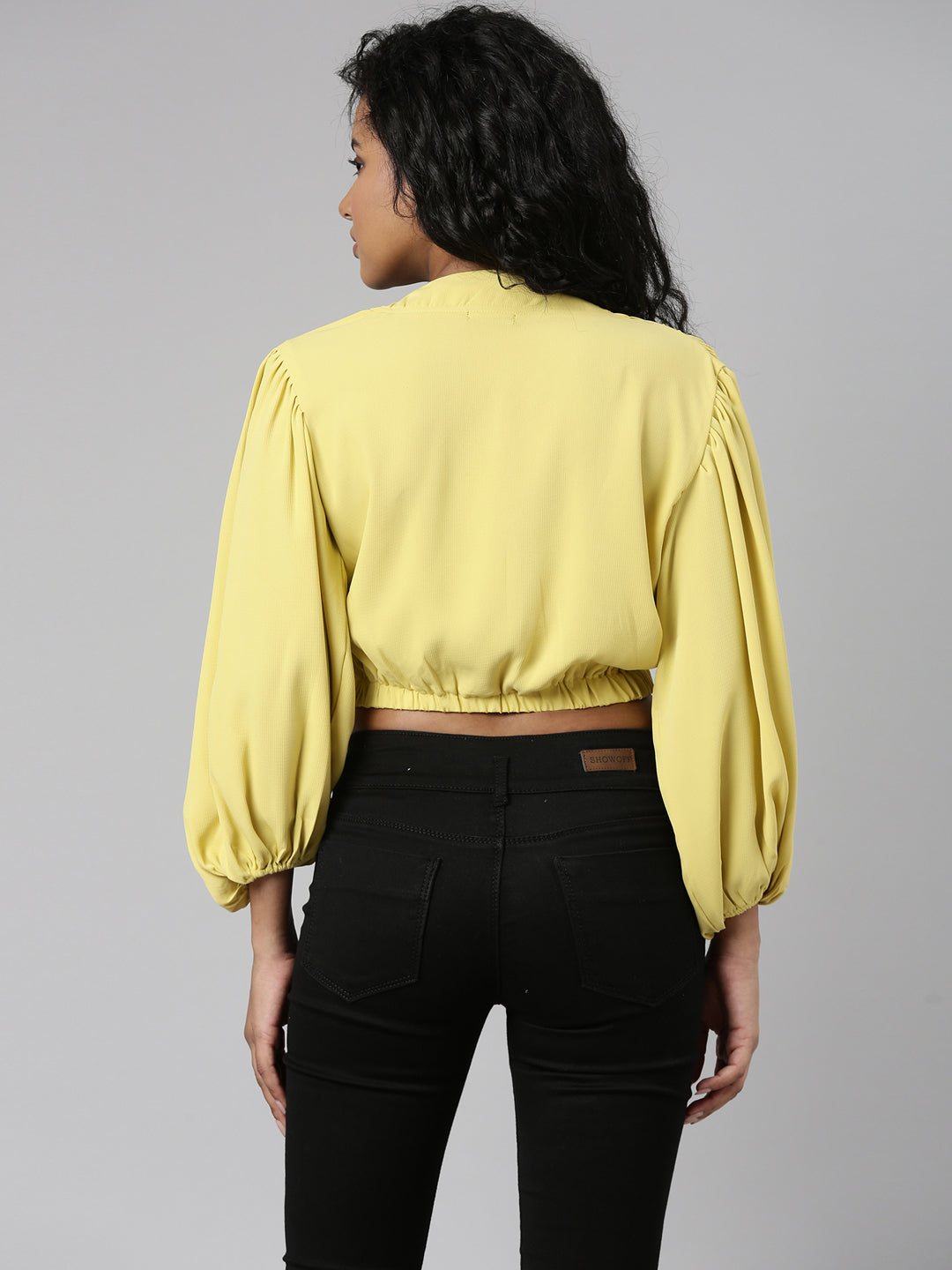 Women's Yellow V-Neck Puff Sleeve Blouson Crop Top