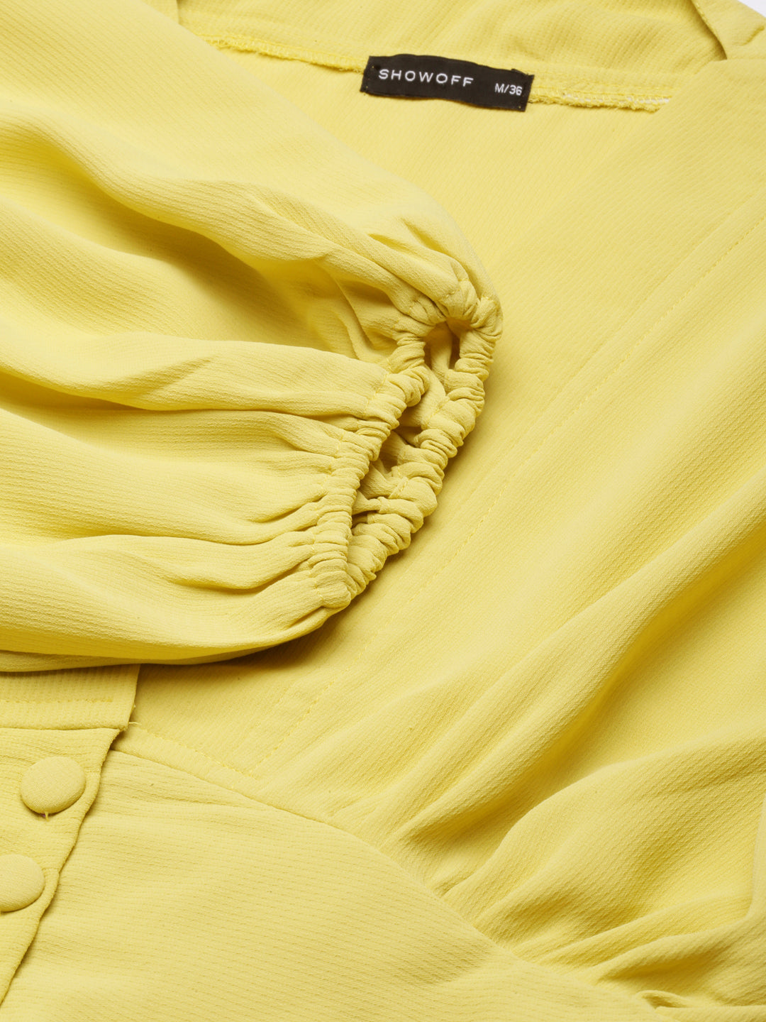 Women's Yellow V-Neck Puff Sleeve Blouson Crop Top