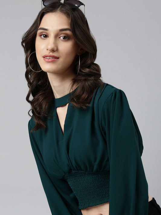 Women's Green Keyhole Neck Cuffed Sleeves Smocked Empire Crop Top