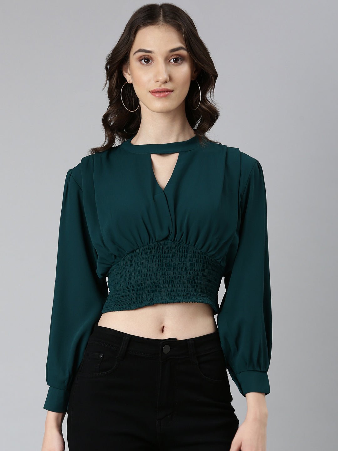 Women's Green Keyhole Neck Cuffed Sleeves Smocked Empire Crop Top
