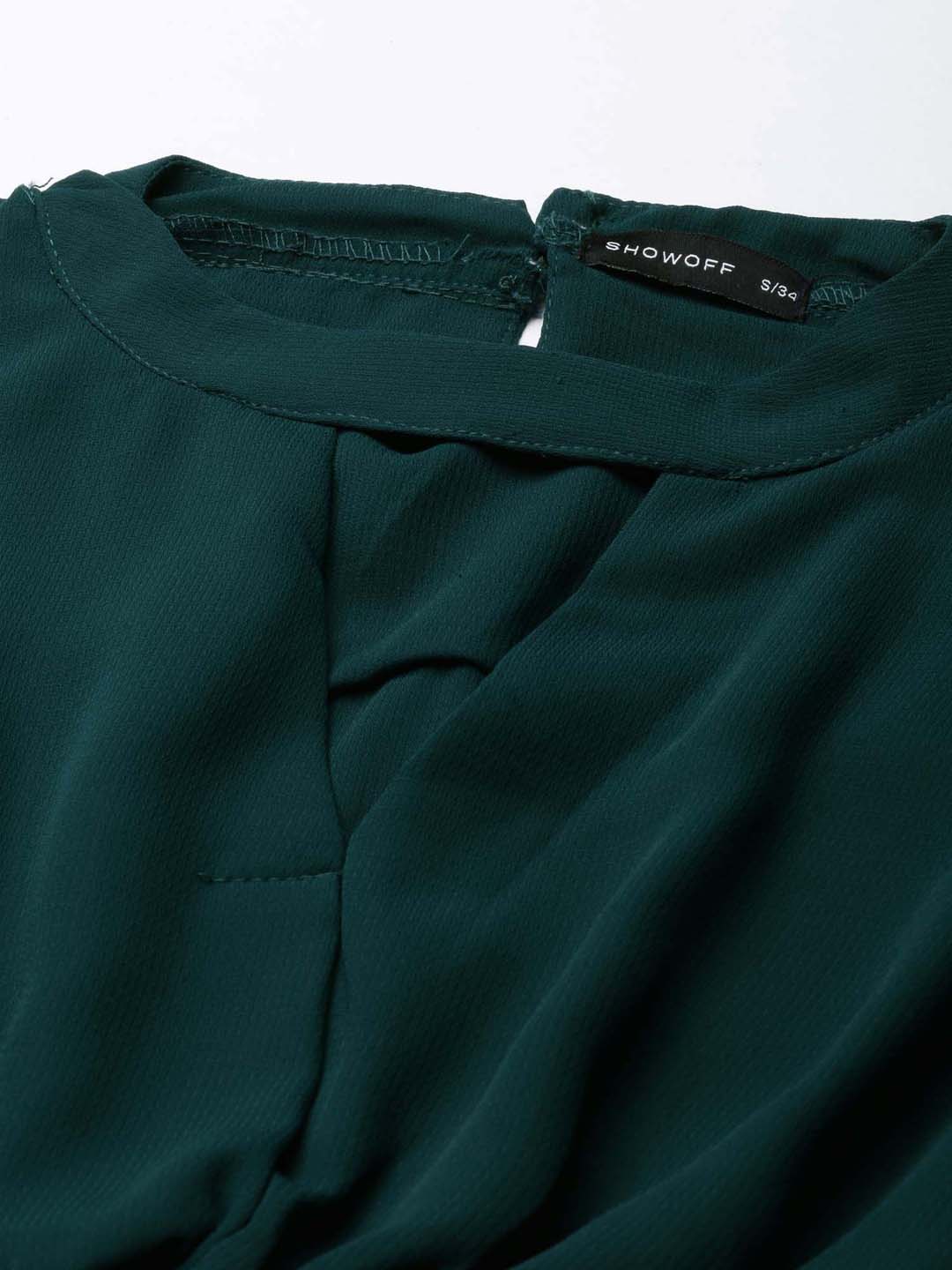 Women's Green Keyhole Neck Cuffed Sleeves Smocked Empire Crop Top