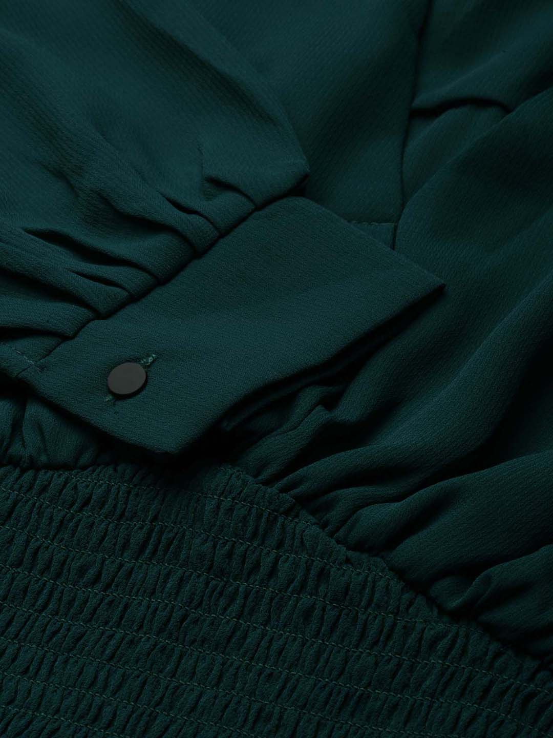 Women's Green Keyhole Neck Cuffed Sleeves Smocked Empire Crop Top