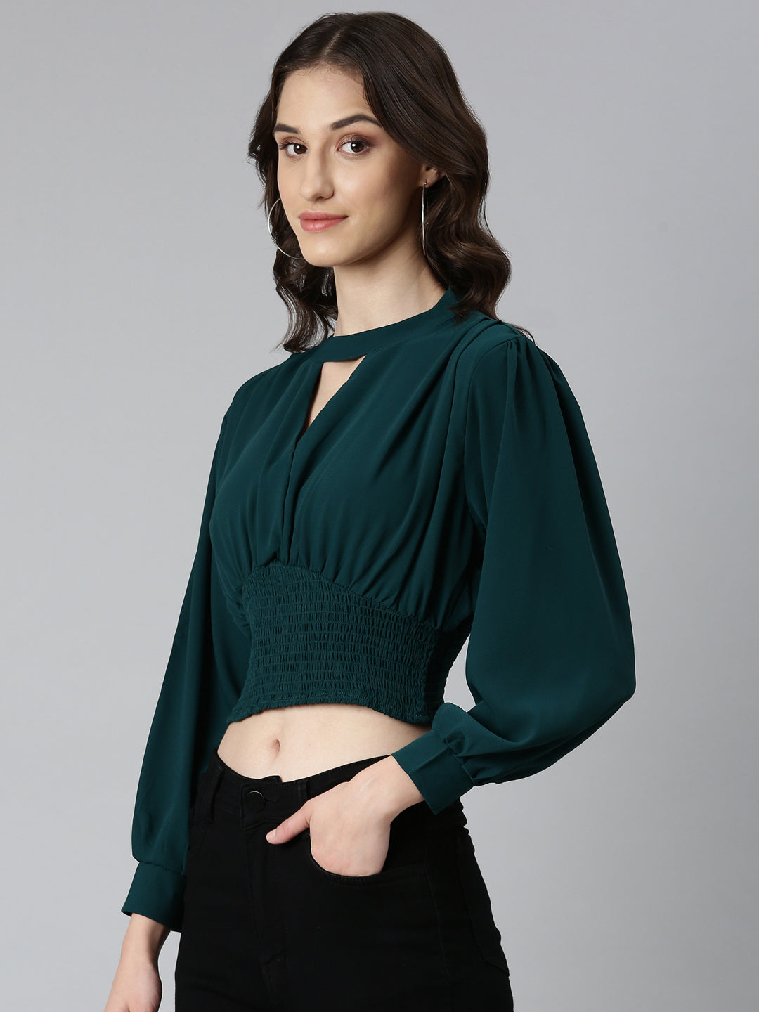 Women's Green Keyhole Neck Cuffed Sleeves Smocked Empire Crop Top
