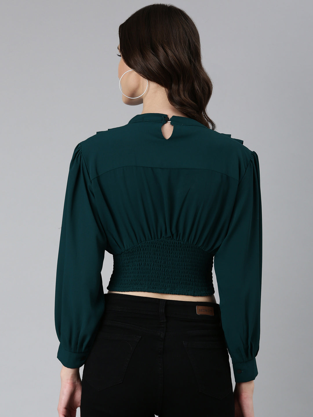 Women's Green Keyhole Neck Cuffed Sleeves Smocked Empire Crop Top