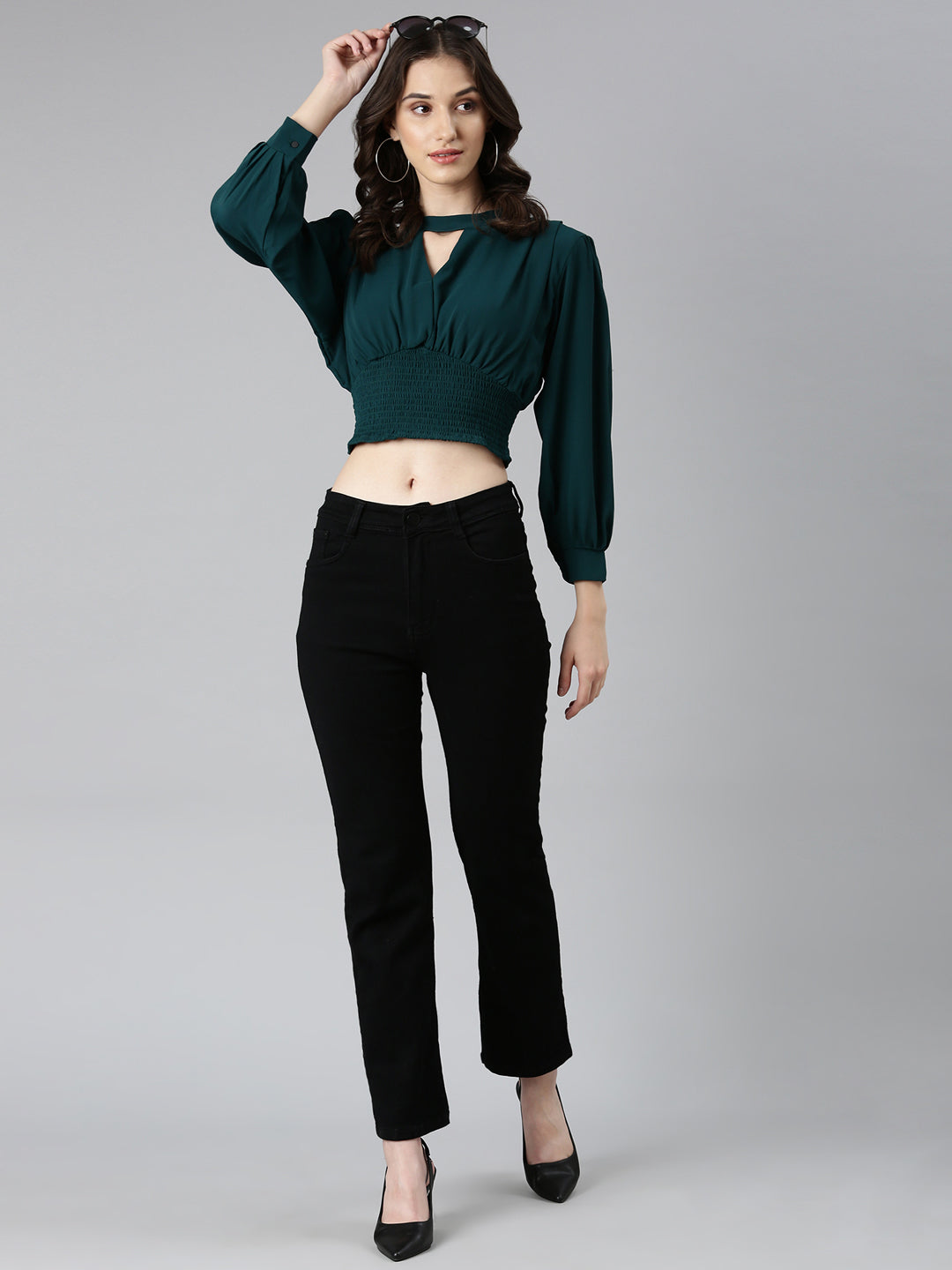 Women's Green Keyhole Neck Cuffed Sleeves Smocked Empire Crop Top
