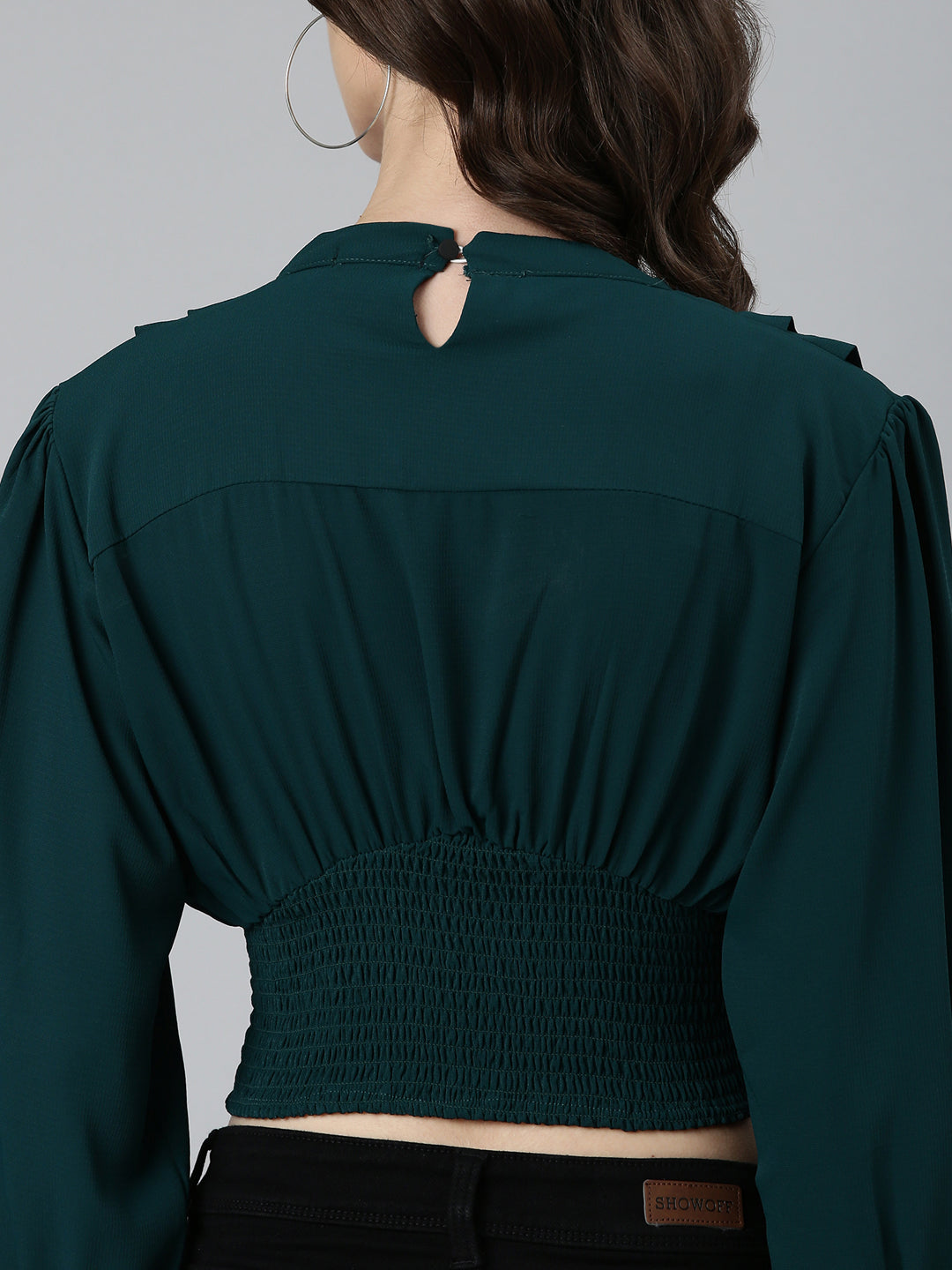 Women's Green Keyhole Neck Cuffed Sleeves Smocked Empire Crop Top