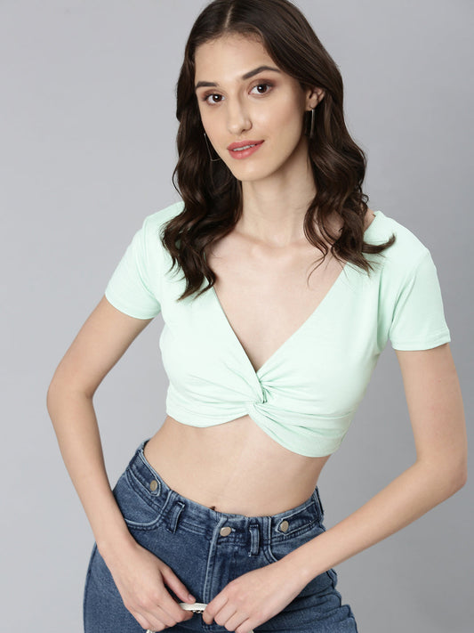 Women's Sea Green V-Neck Cotton Twisted Crop Top