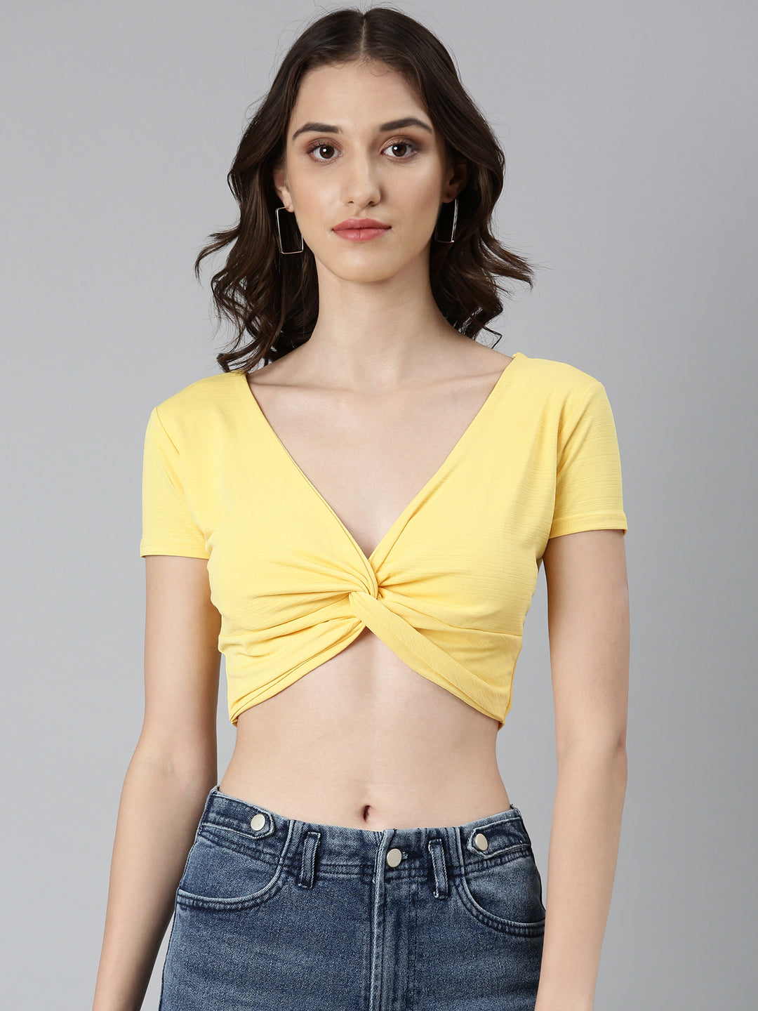 Women's Yellow V-Neck Short Sleeve Twisted Cotton Crop Top