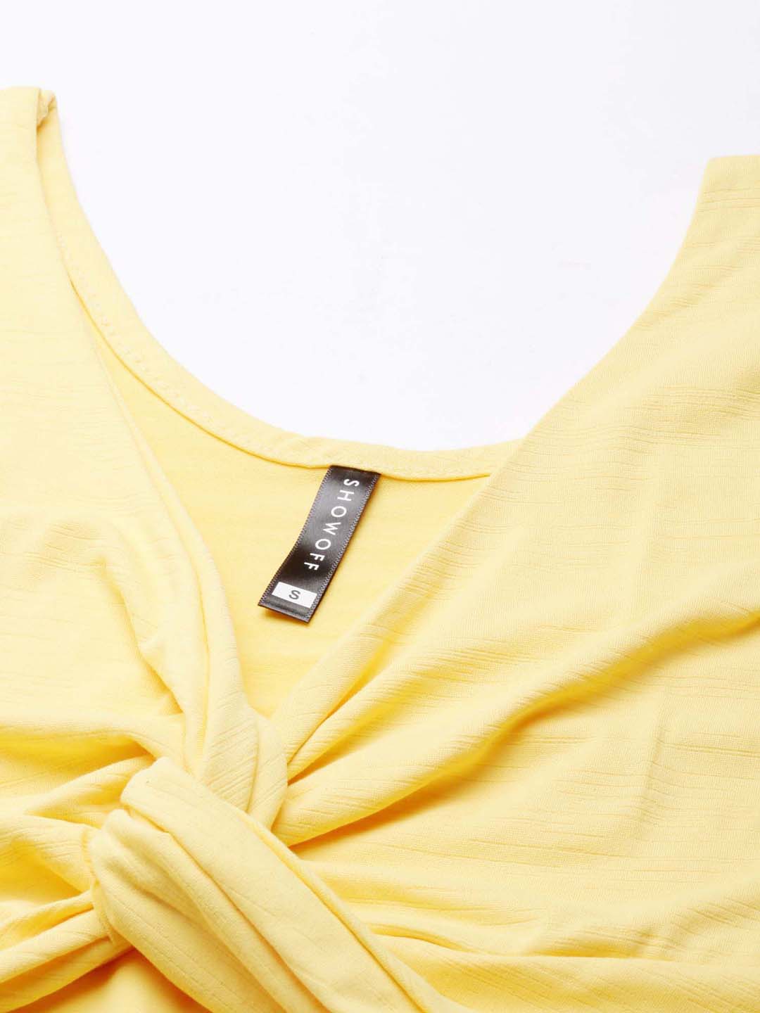 Women's Yellow V-Neck Short Sleeve Twisted Cotton Crop Top