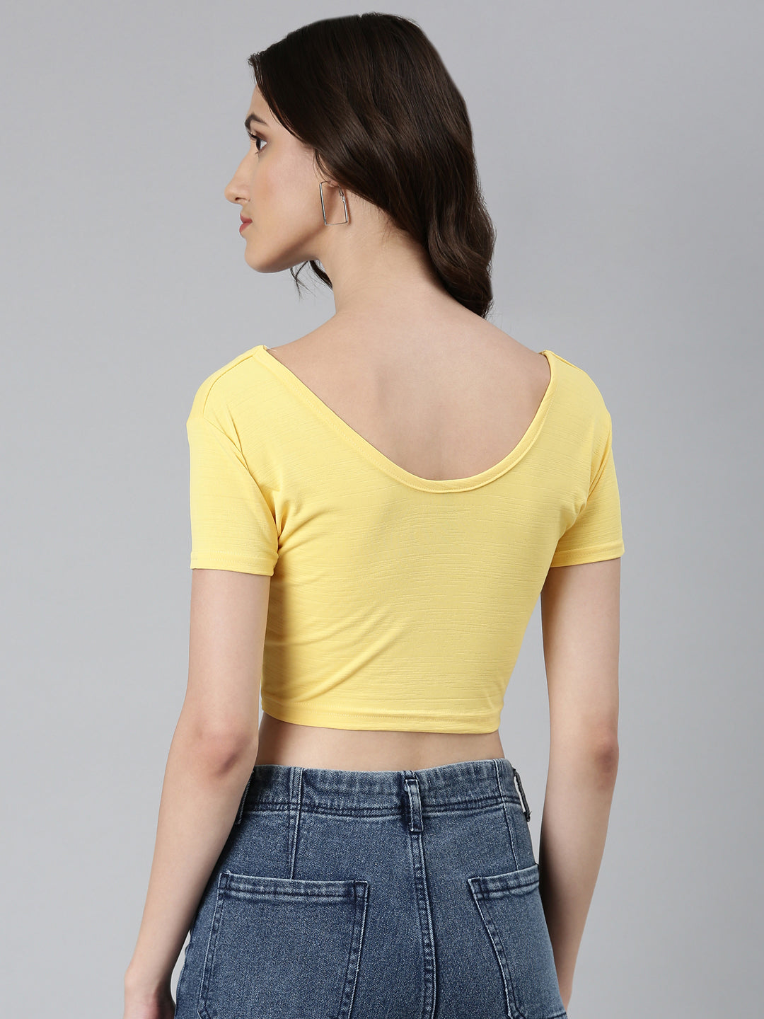 Women's Yellow V-Neck Short Sleeve Twisted Cotton Crop Top