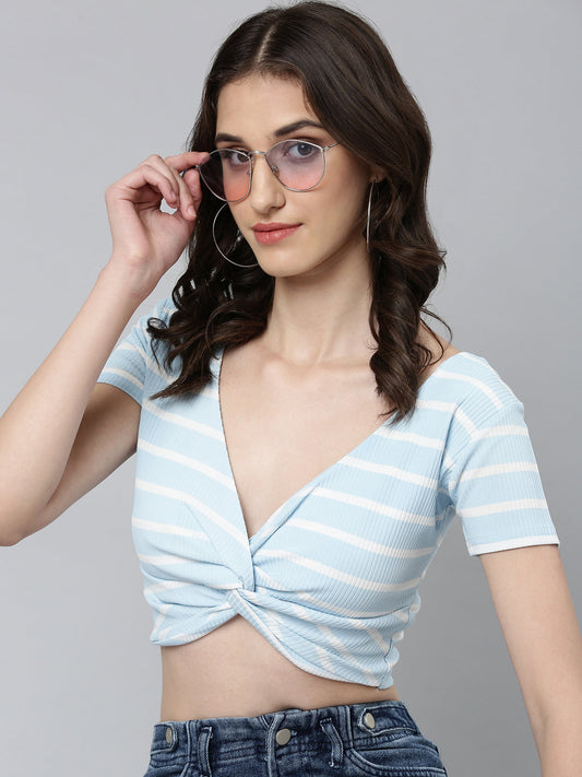 Women's Blue Striped Twisted Cotton Crop Top