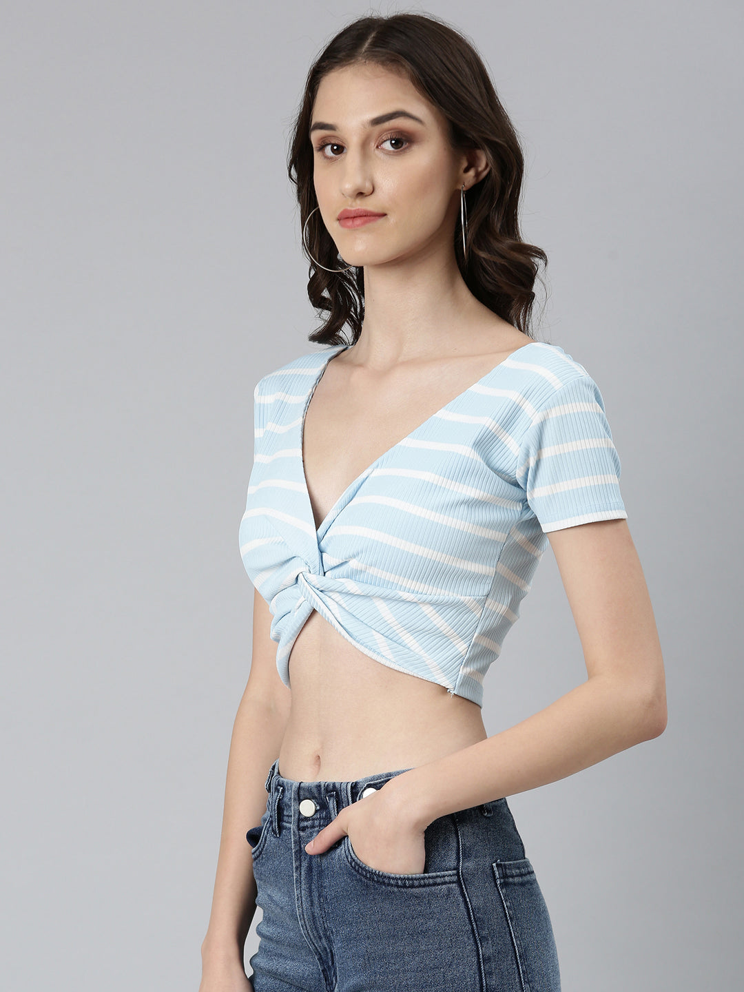 Women's Blue Striped Twisted Cotton Crop Top