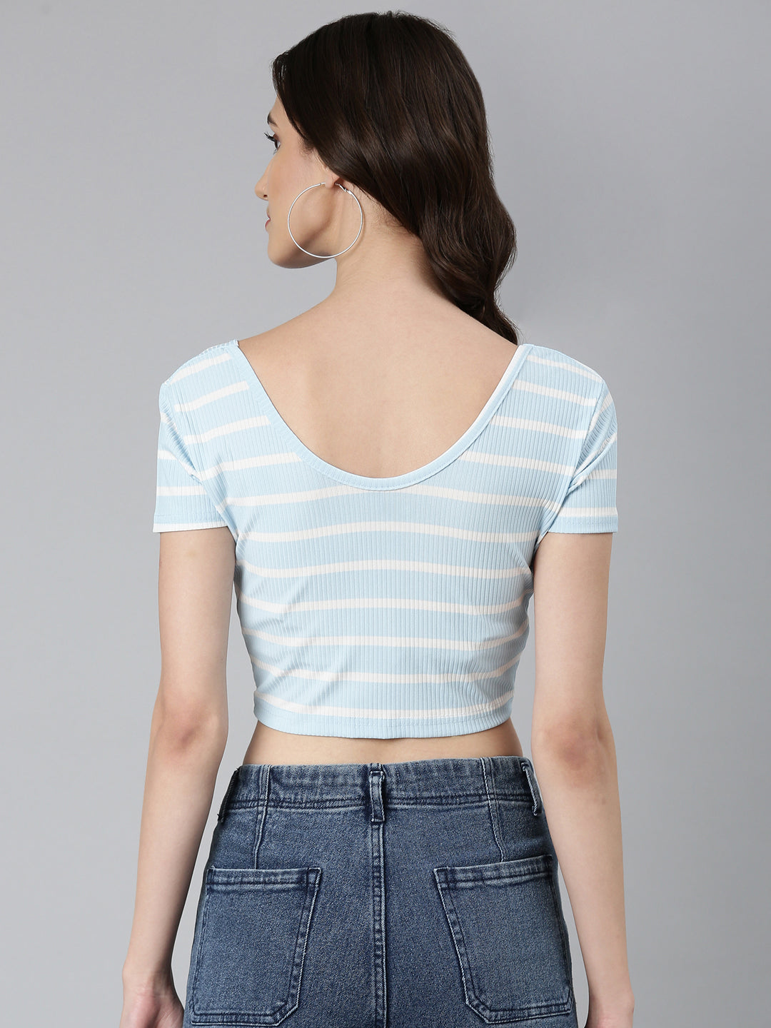 Women's Blue Striped Twisted Cotton Crop Top